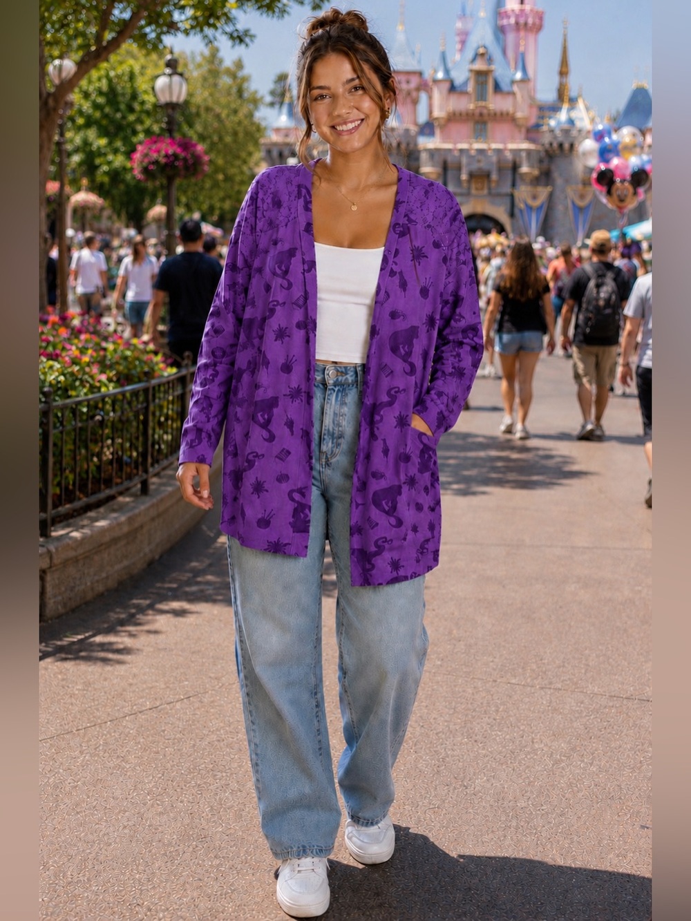 Disney/Tangled Purple Open-Front Long Cardigan with Rapunzel Icons Allover Print